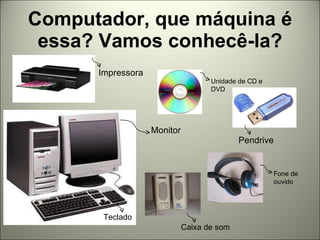 Computador, que máquina é essa? Vamos conhecê-la? Impressora Monitor Teclado Unidade de CD e DVD Pendrive Fone de ouvido Caixa de som 
