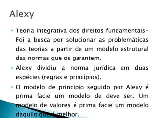 Teoria Integrativa dos direitos fundamentais- Foi a busca por solucionar as problemáticas das teorias a partir de um modelo estrutural das normas que os garantem.  Alexy dividiu a norma jurídica em duas espécies (regras e princípios). O modelo de principio seguido por Alexy é prima facie um modelo de deve ser. Um modelo de valores é prima facie um modelo daquilo que é melhor. 