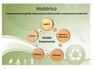 Histórico
Componentes da gestão empresarial evidenciando a componente ambiental




                              Gestão
                            Empresarial
 
