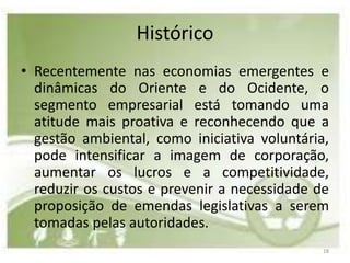 Histórico
• Recentemente nas economias emergentes e
  dinâmicas do Oriente e do Ocidente, o
  segmento empresarial está tomando uma
  atitude mais proativa e reconhecendo que a
  gestão ambiental, como iniciativa voluntária,
  pode intensificar a imagem de corporação,
  aumentar os lucros e a competitividade,
  reduzir os custos e prevenir a necessidade de
  proposição de emendas legislativas a serem
  tomadas pelas autoridades.
                                              18
 