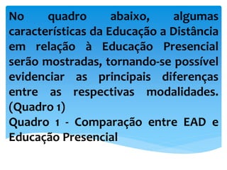 No quadro abaixo, algumas
características da Educação a Distância
em relação à Educação Presencial
serão mostradas, tornando-se possível
evidenciar as principais diferenças
entre as respectivas modalidades.
(Quadro 1)
Quadro 1 - Comparação entre EAD e
Educação Presencial
 