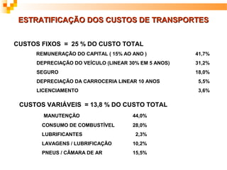 ESTRATIFICAÇÃO DOS CUSTOS DE TRANSPORTES


CUSTOS FIXOS = 25 % DO CUSTO TOTAL
     REMUNERAÇÃO DO CAPITAL ( 15% AO ANO )           41,7%
     DEPRECIAÇÃO DO VEÍCULO (LINEAR 30% EM 5 ANOS)   31,2%
     SEGURO                                          18,0%
     DEPRECIAÇÃO DA CARROCERIA LINEAR 10 ANOS        5,5%
     LICENCIAMENTO                                   3,6%

 CUSTOS VARIÁVEIS = 13,8 % DO CUSTO TOTAL
       MANUTENÇÃO                    44,0%
       CONSUMO DE COMBUSTÍVEL        28,0%
       LUBRIFICANTES                  2,3%
       LAVAGENS / LUBRIFICAÇÃO       10,2%
       PNEUS / CÂMARA DE AR          15,5%
 