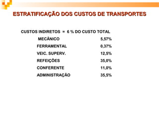 ESTRATIFICAÇÃO DOS CUSTOS DE TRANSPORTES


  CUSTOS INDIRETOS = 6 % DO CUSTO TOTAL
         MECÂNICO                 5,57%
        FERRAMENTAL               0,37%
        VEIC. SUPERV.             12,5%
        REFEIÇÕES                 35,0%
        CONFERENTE                11,0%
        ADMINISTRAÇÃO             35,5%
 
