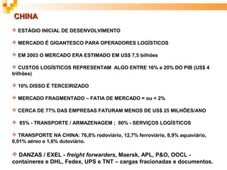 CHINA
 ESTÁGIO INICIAL DE DESENVOLVIMENTO

 MERCADO É GIGANTESCO PARA OPERADORES LOGÍSTICOS

 EM 2003 O MERCADO ERA ESTIMADO EM US$ 7,5 bilhões

 CUSTOS LOGÍSTICOS REPRESENTAM ALGO ENTRE 16% e 20% DO PIB (US$ 4
trilhões)

 10% DISSO É TERCEIRIZADO

 MERCADO FRAGMENTADO – FATIA DE MERCADO = ou < 2%

 CERCA DE 77% DAS EMPRESAS FATURAM MENOS DE US$ 25 MILHÕES/ANO

 85% - TRANSPORTE / ARMAZENAGEM ; 80% - SERVIÇOS LOGÍSTICOS

 TRANSPORTE NA CHINA: 76,8% rodoviário, 12,7% ferroviário, 8,9% aquaviário,
0,01% aéreo e 1,6% dutoviário.

 DANZAS / EXEL - freight forwarders, Maersk, APL, P&O, OOCL -
containeres e DHL, Fedex, UPS e TNT – cargas fracionadas e documentos.
 