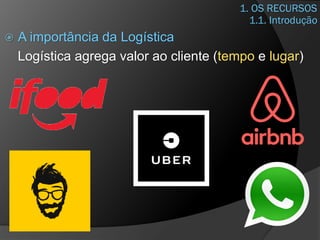 1. OS RECURSOS
 A importância da Logística
Logística agrega valor ao cliente (tempo e lugar)
1.1. Introdução
 