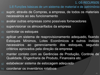 1. OS RECURSOS
a) suprir, através de Compras, a empresa, de todos os materiais
necessários ao seu funcionamento
b) avaliar outras empresas como possíveis fornecedores
c) supervisionar os almoxarifados da empresa
d) controlar os estoques
e) aplicar um sistema de reaprovisionamento adequado, fixando
Estoques Mínimos, Lotes Econômicos e outros índices
necessários ao gerenciamento dos estoques, segundo
critérios aprovados pela direção da empresa
f) manter contato com as Gerências de Produção, Controle de
Qualidade, Engenharia de Produto, Financeira etc.
g) estabelecer sistema de estocagem adequado
h) coordenar os inventários rotativos
25
1.6 Funções básicas de um sistema de material e de patrimônio
 