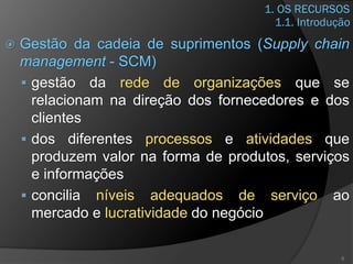 1. OS RECURSOS
 Gestão da cadeia de suprimentos (Supply chain
management - SCM)
▪ gestão da rede de organizações que se
relacionam na direção dos fornecedores e dos
clientes
▪ dos diferentes processos e atividades que
produzem valor na forma de produtos, serviços
e informações
▪ concilia níveis adequados de serviço ao
mercado e lucratividade do negócio
6
1.1. Introdução
 