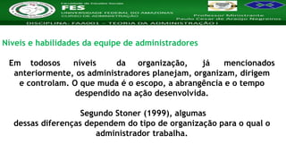 Nome da Disciplina
Níveis e habilidades da equipe de administradores
Em todosos níveis da organização, já mencionados
anteriormente, os administradores planejam, organizam, dirigem
e controlam. O que muda é o escopo, a abrangência e o tempo
despendido na ação desenvolvida.
Segundo Stoner (1999), algumas
dessas diferenças dependem do tipo de organização para o qual o
administrador trabalha.
 