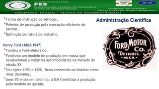 Nome da Disciplina
*Fichas de instrução de serviços,
*Prêmios de produção pela execução eficiente de
tarefas,
*Definição de rotina de trabalho,
Henry Ford (1863-1947)
*Fundou a Ford Motors Co.
*Fordismo um modelo de produção em massa que
revolucionou a indústria automobilística na metade do
século XX
*Seu ápice 1950 e 1960, ficou conhecido na história como
Anos Dourados,
*Anos 70 entra em declínio, a GM flexibiliza a produção
pelo modelo de gestão,
Administração Científica
 
