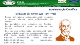 Nome da Disciplina
Idealizada por Henri Fayol (1841-1925)
Administração Científica
• Foco: estrutura organizacional visando
a busca máxima pela eficiência do
homem.
• Em paralelo aos estudos de Taylor,
Fayol defendia seus princípios na
Europa.
• Foi um dos principais responsável pelo
saber administrativo contemporâneo.
Foi quem mais contribuiu com a
teoria conhecida como Gestão
Administrativo ou processo
administrativo.
 