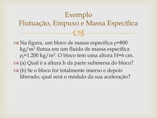 
 Na figura, um bloco de massa específica ρ=800
kg/m3 flutua em um fluido de massa específica
ρf=1.200 kg/m3. O bloco tem uma altura H=6 cm.
 (a) Qual é a altura h da parte submersa do bloco?
 (b) Se o bloco for totalmente imerso e depois
liberado, qual será o módulo da sua aceleração?
Exemplo
Flutuação, Empuxo e Massa Específica
 