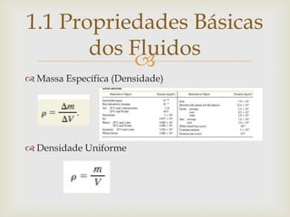 
 Massa Específica (Densidade)
 Densidade Uniforme
1.1 Propriedades Básicas
dos Fluidos
 