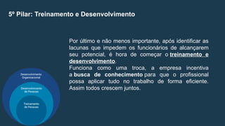 5º Pilar: Treinamento e Desenvolvimento
Por último e não menos importante, após identificar as
lacunas que impedem os funcionários de alcançarem
seu potencial, é hora de começar o treinamento e
desenvolvimento.
Funciona como uma troca, a empresa incentiva
a busca de conhecimento para que o profissional
possa aplicar tudo no trabalho de forma eficiente.
Assim todos crescem juntos.
 