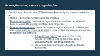  Gondim apud Tamayo et al (2000) desenvolveram alguns aspectos relativos
ao
sistema de comportamentos na organização.
1. O aspecto cognitivo dos valores organizacionais constitui um elemento
básico, já que são crenças existentes na empresa.
2. O aspecto motivacional: a raiz dos valores organizacionais é motivacional,
eles expressam interesses e desejos e representam metas mais ou menos
conscientes da empresa.
3. A função dos valores: os valores têm como
função orientar a vida da empresa, guiar o
comportamento dos seus membros.
4. Hierarquia dos valores: classificação ordenada
de valores.
 Normas definem comportamentos e valores
justificam.
As relações entre pessoas e organizações
 