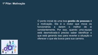 1º Pilar: Motivação
O ponto inicial de uma boa gestão de pessoas é
a motivação. Ela é o motor que move os
funcionários a darem o melhor de si
constantemente. Por isso, quando uma equipe
está desmotivada é preciso saber identificar o
que está gerando isso para reverter a situação e
oferecer o que ela busca para sua carreira.
 