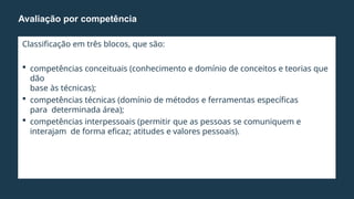Classificação em três blocos, que são:
 competências conceituais (conhecimento e domínio de conceitos e teorias que
dão
base às técnicas);
 competências técnicas (domínio de métodos e ferramentas específicas
para determinada área);
 competências interpessoais (permitir que as pessoas se comuniquem e
interajam de forma eficaz; atitudes e valores pessoais).
Avaliação por competência
 