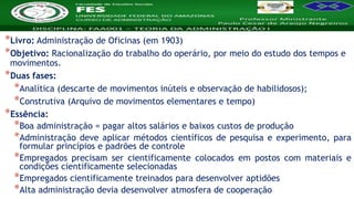 Nome da Disciplina
*Livro: Administração de Oficinas (em 1903)
*Objetivo: Racionalização do trabalho do operário, por meio do estudo dos tempos e
movimentos.
*Duas fases:
*Analítica (descarte de movimentos inúteis e observação de habilidosos);
*Construtiva (Arquivo de movimentos elementares e tempo)
*Essência:
*Boa administração = pagar altos salários e baixos custos de produção
*Administração deve aplicar métodos científicos de pesquisa e experimento, para
formular princípios e padrões de controle
*Empregados precisam ser cientificamente colocados em postos com materiais e
condições cientificamente selecionadas
*Empregados cientificamente treinados para desenvolver aptidões
*Alta administração devia desenvolver atmosfera de cooperação
 