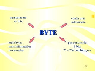 BYTE agrupamento de bits por convenção 8 bits 2 8  = 256 combinações conter uma informação mais bytes mais informações processadas 