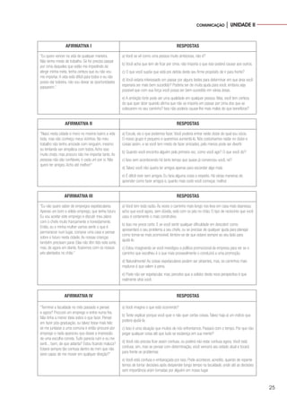 25
COMUNICAÇÃO │ UNIDADE II
AFIRMATIVA I RESPOSTAS
“Eu quero vencer na vida de qualquer maneira.
Não tenho medo de trabalho. Se for preciso passar
por cima daqueles que estão me impedindo de
atingir minha meta, tenha certeza que eu não vou
me importar. A vida está difícil para todos e eu não
posso dar bobeira, não vou deixar as oportunidades
passarem.”
a) Você se vê como uma pessoa muito ambiciosa, não é?
b) Você acha que tem de ficar por cima, não importa o que isso poderá causar aos outros.
c) O que você supõe que está por detrás deste seu firme propósito de ir para frente?
d) Você estaria interessado em passar por alguns testes para determinar em que área você
esperaria ser mais bem sucedido? Poderia ser de muita ajuda para você, embora seja
possível que com sua força você possa ser bem-sucedido em várias áreas.
e) A ambição forte pode ser uma qualidade em qualquer pessoa. Mas, você tem certeza
do que quer dizer quando afirma que não se importa em passar por cima dos que se
colocarem no seu caminho? Isso não poderia causar-lhe mais males do que benefícios?
AFIRMATIVA II RESPOSTAS
“Nasci nesta cidade e moro no mesmo bairro a vida
toda, mas não conheço meus vizinhos. No meu
trabalho não tenho amizade com ninguém, mesmo
eu tentando ser simpática com todos. Acho isso
muito chato, mas procuro não me importar tanto. As
pessoas não são confiáveis, é cada um por si. Não
quero ter amigos. Acho até melhor!”
a) Escute, eis o que podemos fazer. Você poderia entrar neste clube do qual sou sócio.
O nosso grupo é pequeno e queremos aumentá-lo. Nós costumamos nadar no clube e
coisas assim, e se você tem medo de fazer amizades, pelo menos pode ser divertir.
b) Quando você encontra alguém pela primeira vez, como você age? O que você diz?
c) Isso vem acontecendo há tanto tempo que quase já convenceu você, né?
d) Talvez você não queira ter amigos apenas para esconder algo mais.
e) É difícil viver sem amigos. Eu faria alguma coisa a respeito. Há várias maneiras de
aprender como fazer amigos e, quanto mais cedo você começar, melhor.
AFIRMATIVA III RESPOSTAS
“Eu não quero saber de empregos espetaculares.
Apenas um bom e sólido emprego, que tenha futuro.
Eu vou aceitar este emprego e discutir meu plano
com o chefe muito francamente e honestamente.
Então, eu e minha mulher vamos sentir o que é
permanecer num lugar, comprar uma casa e pensar
sobre o futuro nesta cidade. As nossas crianças
também precisam parar. Elas não têm tido esta sorte,
mas, de agora em diante, ficaremos com os nossos
pés plantados no chão.”
a) Você tem toda razão. Às vezes o caminho mais longo nos leva em casa mais depressa;
acho que você agora, sem dúvida, está com os pés no chão. O tipo de raciocínio que você
usou é certamente o mais construtivo.
b) Isso me prece certo. E se você sentir qualquer dificuldade em descobrir como
apresentará o seu problema a seu chefe, ou se precisar de qualquer ajuda para planejar
como tornar-se mais promovível, lembre-se de que estarei sempre ao seu lado para
ajudá-lo.
c) Estou imaginando se você investigou a política promocional da empresa para ver se o
caminho que escolheu é o que mais provavelmente o conduzirá a uma promoção.
d) Naturalmente! As coisas espetaculares podem ser atraentes, mas, os caminhos mais
maduros é que valem à pena.
e) Pode não ser espetacular, mas, percebo que a solidez desta nova perspectiva é que
realmente atrai você.
AFIRMATIVA IV RESPOSTAS
“Terminei a faculdade no mês passado e pensei:
e agora? Procurei um emprego e entrei numa fria.
Não tinha a menor ideia sobre o que fazer. Pensei
em fazer pós-graduação, ou talvez fosse mais feliz
se me juntasse a uma comuna e então procurei por
emprego e nada apareceu que desse a impressão
de uma escolha correta. Tudo parecia ruim e eu me
senti... bem, de que adianta? Estou ficando maluca?
Estarei sempre tão confusa dentro de mim que não
serei capaz de me mover em qualquer direção?”
a) Você imagina o que está ocorrendo?
b) Tente explicar porque você quer e não quer certas coisas. Talvez haja aí um indício que
poderá ajudá-la.
c) Isso é uma situação que muitos de nós enfrentamos. Passará com o tempo. Por que não
pegar qualquer coisa até que tudo se esclareça em sua mente?
d) Você não precisa ficar assim confusa, ou poderá não estar confusa agora. Você está
confusa, sim, mas se pensar com determinação, você vencerá seu estado atual e tocará
para frente se problemas.
e) Você está confusa e embaraçada por isso. Pode acontecer, acredito, quando de repente
temos de tomar decisões após despender longo tempo na faculdade, onde até as decisões
sem importância eram tomadas por alguém em nosso lugar.
 