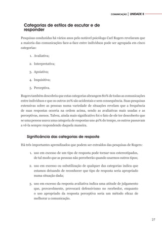 27
COMUNICAÇÃO │ UNIDADE II
Categorias de estilos de escutar e de
responder
Pesquisas conduzidas há vários anos pelo notável psicólogo Carl Rogers revelaram que
a maioria das comunicações face-a-face entre indivíduos pode ser agrupada em cinco
categorias:
1.	 Avaliativa;
2.	 Interpretativa;
3.	 Apoiativa;
4.	 Inquisitiva;
5.	 Perceptiva.
Rogerstambémdescobriuqueestascategoriasabrangem80%detodasascomunicações
entre indivíduos e que os outros 20% são acidentais e sem consequência. Suas pesquisas
extensivas sobre as pessoas numa variedade de situações revelam que a frequência
de suas respostas ocorria na ordem acima, sendo as avaliativas mais usadas e as
perceptivas, menos. Talvez, ainda mais significativo foi o fato de ele ter descoberto que
se uma pessoa usava uma categoria de respostas uns 40% do tempo, os outros passavam
a vê-la sempre respondendo daquela maneira.
Significância das categorias de resposta
Há três importantes aprendizados que podem ser extraídos das pesquisas de Rogers:
1.	 uso em excesso de um tipo de resposta pode tornar-nos estereotipados,
de tal modo que as pessoas não perceberão quando usarmos outros tipos;
2.	 uso em excesso ou subutilização de qualquer das categorias indica que
estamos deixando de reconhecer que tipo de resposta seria apropriado
numa situação dada;
3.	 uso em excesso da resposta avaliativa indica uma atitude de julgamento
que, provavelmente, provocará defensivismo no recebedor, enquanto
o uso apropriado da resposta perceptiva seria um método eficaz de
melhorar a comunicação.
 
