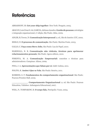 39
Referências
ABRASHOFF, M. Get your ship together. New York: Penguin, 2005.
ARAUJO,LuisCésarG.de;GARCIA,AdrianaAmadeu.Gestãodepessoas:estratégias
e integração organizacional, 2a
edição, São Paulo: Atlas, 2009.
ADLER, B; Towne, N. Comunicação Interpessoal. 9. ed., Rio de Janeiro: LTC, 2002.
BERLO, D. O processo de comunicação. São Paulo: Martins Fonte, 2003.
GALLO, C. Faça como Steve Jobs. São Paulo: Lua de Papel, 2010.
MARSHALL, B. R. Comunicação não violenta, técnicas para aprimorar
relacionamentos pessoais. São Paulo: Agora editora, 2010.
PIMENTA, M. A. Comunicação Empresarial: conceitos e técnicas para
administradores. Campinas: Alínea, 2009.
PINA, J. A. Apresentações que falam por si. Lidel: Lisboa, 2011.
POLITO, R. Assim é Que se Fala. São Paulo: Saraiva, 2011.
ROBBINS, S. P. Fundamentos do comportamento organizacional. São Paulo:
Pearson Prentice Hall, 2009.
_____________. Comportamento Organizacional. 9. ed. São Paulo: Pearson
Education, Valinhos: Anhanguera Educacional, 2007.
WEIL, P.; TOMPAKOW, R. O corpo fala. Petrópolis: Vozes, 2004.
 