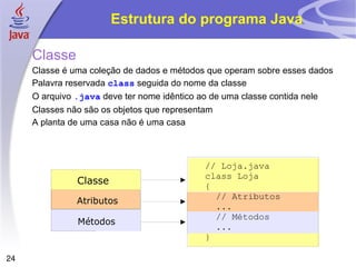 Estrutura do programa Java

     Classe
     Classe é uma coleção de dados e métodos que operam sobre esses dados
     Palavra reservada class seguida do nome da classe
     O arquivo .java deve ter nome idêntico ao de uma classe contida nele
     Classes não são os objetos que representam
     A planta de uma casa não é uma casa



                                            // Loja.java
                                            class Loja
               Classe                       {
                                              // Atributos
               Atributos
                                              ...
                                              // Métodos
               Métodos
                                              ...
                                            }

24
 