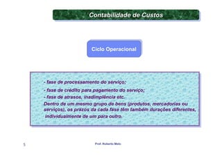 Contabilidade de Custos
                       Contabilidade de Custos



                        Ciclo Operacional
                        Ciclo Operacional




    --fase de processamento do serviço;
       fase de processamento do serviço;
    --fase de crédito para pagamento do serviço;
       fase de crédito para pagamento do serviço;
    --fase de atrasos, inadimplência etc.
       fase de atrasos, inadimplência etc.
    Dentro de um mesmo grupo de bens (produtos, mercadorias ou
     Dentro de um mesmo grupo de bens (produtos, mercadorias ou
    serviços), os prazos da cada fase têm também durações diferentes,
     serviços), os prazos da cada fase têm também durações diferentes,
     individualmente de um para outro.
      individualmente de um para outro.




5                         Prof. Roberto Melo
 