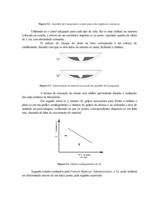 Figura 3.2 - Aparelho de Casagrande e cinzéis para solos argilosos e arenosos
Utilizando-se o cinzel adequado para cada tipo de solo, faz-se uma ranhura na amostra
colocada na concha, e através de um excêntrico imprime-se ao prato, repetidas quedas de altura
de 1 cm, com intensidade constante.
O esforço do choque do prato na base corresponde a um esforço de
cizalhamento, fazendo com que os dois lados da amostra se unam, fechando a ranhura.
Antes do
ensaio
Depois do
ensaio
Figura 3.3 - Apresentação da amostra na concha do aparelho de Casagrande
A técnica de execução do ensaio será melhor apresentada durante a realização
das aulas práticas no laboratório.
Em seguida anota-se o número de golpes necessários para fechar a ranhura e
plota-se em um gráfico semilogaritmico o número de golpes na abcissa e na ordenada o teor de
umidade em porcentagem, verificando-se que os pontos correspondentes disporem-se em linha
reta, chamada de linha de escoamento do material.
Umidade
h
%
LL
25 N . de golpes
(exc. log.)
Figura 3.4 - Gráfico semilogaritmico do LL
Segundo estudos realizados pela Federal Highway Administration, o LL pode também
ser determinado através de um único ponto, pela seguinte expressão:
 