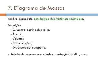 7. Diagrama de Massas
- Facilita análise da distribuição dos materiais escavados;
- Definição:
- Origem e destino dos solos;
- Áreas;
- Volumes;
- Classificações;
- Distâncias de transporte.
- Tabela de volumes acumulados: construção do diagrama.
 