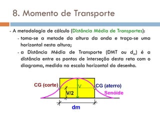 8. Momento de Transporte
- A metodologia de cálculo (Distância Média de Transportes):
- toma-se a metade da altura da onda e traça-se uma
horizontal nesta altura;
- a Distância Média de Transporte (DMT ou dm) é a
distância entre os pontos de interseção desta reta com o
diagrama, medida na escala horizontal do desenho.
 
