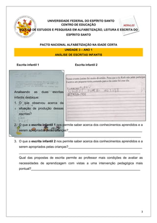 UNIVERSIDADE FEDERAL DO ESPÍRITO SANTO
CENTRO DE EDUCAÇÃO
NÚCLEO DE ESTUDOS E PESQUISAS EM ALFABETIZAÇÃO, LEITURA E ESCRITA DO
ESPÍRITO SANTO
PACTO NACIONAL ALFABETIZAÇÃO NA IDADE CERTA
UNIDADE 3 – ANO 1
ANÁLISE DE ESCRITAS INFANTIS
Escrita infantil 1 Escrita infantil 2
Analisando as duas escritas
infantis destaque:
1. O que observou acerca da
situação de produção dessas
escritas?
2. O que a escrita infantil 1 nos permite saber acerca dos conhecimentos aprendidos e a
serem apropriados pelas crianças?__________________________________________
________________________________________________________________________
3. O que a escrita infantil 2 nos permite saber acerca dos conhecimentos aprendidos e a
serem apropriados pelas crianças?__________________________________________
_____________________________________________________________________
Qual das propostas de escrita permite ao professor mais condições de avaliar as
necessidades de aprendizagem com vistas a uma intervenção pedagógica mais
pontual?______________________________________________________________
3
 