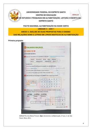 UNIVERSIDADE FEDERAL DO ESPÍRITO SANTO
CENTRO DE EDUCAÇÃO
NÚCLEO DE ESTUDOS E PESQUISAS EM ALFABETIZAÇÃO, LEITURA E ESCRITA DO
ESPÍRITO SANTO
PACTO NACIONAL ALFABETIZAÇÃO NA IDADE CERTA
UNIDADE 3 – ANO 1
ANEXO 4: ANÁLISE DE DUAS PROPOSTAS PARA O ENSINO
DAS RELAÇÕES SONS E LETRAS EM LIVROS DIDÁTICOS DE ALFABETIZAÇÃO
Primeira proposta:
4
BORGATTO, Ana Maria Trinconi. Ápis: letramento e alfabetização, 1º ano, 1. ed. São
Paulo: Ática, 2011.
 