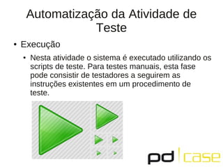 Automatização da Atividade de
                   Teste
●   Execução
    ●   Nesta atividade o sistema é executado utilizando os
        scripts de teste. Para testes manuais, esta fase
        pode consistir de testadores a seguirem as
        instruções existentes em um procedimento de
        teste.
 