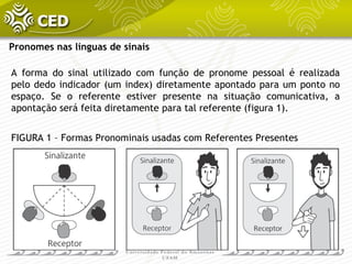 Pronomes nas línguas de sinais
A forma do sinal utilizado com função de pronome pessoal é realizada
pelo dedo indicador (um index) diretamente apontado para um ponto no
espaço. Se o referente estiver presente na situação comunicativa, a
apontação será feita diretamente para tal referente (figura 1).
FIGURA 1 – Formas Pronominais usadas com Referentes Presentes
 
