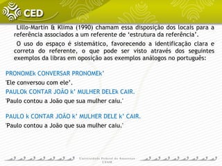 Lillo-Martin & Klima (1990) chamam essa disposição dos locais para a
referência associados a um referente de ‘estrutura da referência’.
O uso do espaço é sistemático, favorecendo a identificação clara e
correta do referente, o que pode ser visto através dos seguintes
exemplos da libras em oposição aos exemplos análogos no português:
PRONOMEk CONVERSAR PRONOMEk’
'Ele conversou com ele’.
PAULOk CONTAR JOÃO k’ MULHER DELEk CAIR.
'Paulo contou a João que sua mulher caiu.'
PAULO k CONTAR JOÃO k’ MULHER DELE k’ CAIR.
'Paulo contou a João que sua mulher caiu.'
 