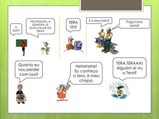 E o tera hein?PROFESSORA, A SENHORA JÁ OUVIU FALAR DO TERA?TERA!?!?Paga hora- extra?O QUE?TERA,TERAAA! Alguém ai viu o Tera?Quanto eu vou perder com isso? Hehehehe! Eu conheço o tera, é meu chapa. 