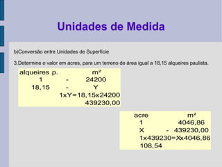 b)Conversão entre Unidades de Superfície
3.Determine o valor em acres, para um terreno de área igual a 18,15 alqueires paulista.
Unidades de Medida
acre m²
1 4046,86
X - 439230,00
1x439230=Xx4046,86
108,54
alqueires p. m²
1 - 24200
18,15 - Y
1xY=18,15x24200
439230,00
 