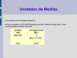 c)Conversão entre Unidades Angulares
4.Para um ângulo de 203,456789 grados decimais, determine qual seria o valor
correspondente em graus decimais.
Unidades de Medida
gradus sexagesimais
400 - 360 º
203,457 - Y
183,111110 º
0,51 0,51
 