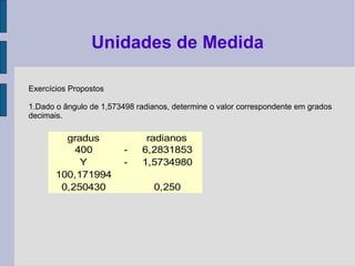 Exercícios Propostos
1.Dado o ângulo de 1,573498 radianos, determine o valor correspondente em grados
decimais.
Unidades de Medida
gradus radianos
400 - 6,2831853
Y - 1,5734980
100,171994
0,250430 0,250
 