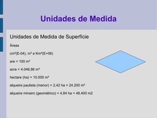 Unidades de Medida de Superfície
Áreas
cm²(E-04), m² e Km²(E+06)
are = 100 m²
acre = 4.046,86 m²
hectare (ha) = 10.000 m²
alqueire paulista (menor) = 2,42 ha = 24.200 m²
alqueire mineiro (geométrico) = 4,84 ha = 48.400 m2
Unidades de Medida
 