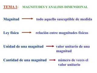 TEMA 1:      MAGNITUDES Y ANALISIS DIMENSIONAL


Magnitud           todo aquello susceptible de medida


Ley física         relación entre magnitudes físicas


Unidad de una magnitud         valor unitario de una
                               magnitud

Cantidad de una magnitud         número de veces el
                                 valor unitario
 