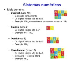 Sistemas numéricos Mais comuns: Decimal  (base 10) É a usada normalmente Os dígitos válidos vão de 0 a 9 Exemplo: 126 10  (normalmente escreve-se somente 126) Binário  (base 2) Os dígitos válidos são 0 e 1 Exemplo: 1111110 2 Octal  (base 8) Os dígitos válidos vão de 0 a 7 Exemplo: 176 8 Hexadecimal  (base 16) Os dígitos válidos vão de 0 a 9 e de A até F (ou do a até f) Exemplo: 7E 16 