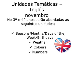 Unidades Temáticas –
Inglês
novembro
No 3º e 4º anos serão abordadas as
seguintes unidades:
Seasons/Months/Days of the
Week/Birthdays
Weather
Colours
Numbers