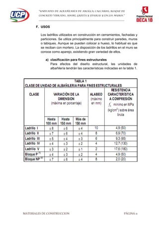 “UNIDADES DE ALBAÑEARÍA DE ARCILLA, CALCARIOS, BLOQUE DE
CONCRETO VIBRADO, ADOBE, GRIETA Y FISURAS Y EN LOS MUROS.”
…………………………………………………………………………………………………………
MATERIALES DE CONSTRUCCION PÁGINA 11
F. USOS
Los ladrillos utilizados en construcción en cerramientos, fachadas y
particiones. Se utiliza principalmente para construir paredes, muros
o tabiques. Aunque se pueden colocar a hueso, lo habitual es que
se reciban con mortero. La disposición de los ladrillos en el muro se
conoce como aparejo, existiendo gran variedad de ellos.
a) clasificación para fines estructurales
Para efectos del diseño estructural, las unidades de
albañilería tendrán las características indicadas en la tabla 1.
 