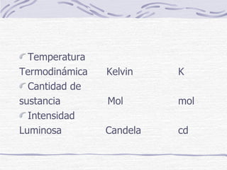 <ul><li>Temperatura  </li></ul><ul><li>Termodinámica  Kelvin K </li></ul><ul><li>Cantidad de  </li></ul><ul><li>sustancia ...