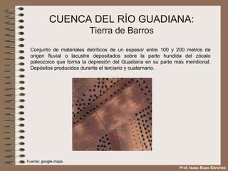 CUENCA DEL RÍO GUADIANA: Tierra de Barros Conjunto de materiales detríticos de un espesor entre 100 y 200 metros de origen fluvial o lacustre depositados sobre la parte hundida del zócalo paleozoico que forma la depresión del Guadiana en su parte más meridional. Depósitos producidos durante el terciario y cuaternario. Prof. Isaac Buzo Sánchez Fuente: google.maps 