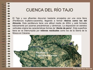 CUENCA DEL RÍO TAJO El Tajo y sus afluentes discurren bastante encajados por una zona llana (Penillanura trujillano-cacereña), llegando a formar  riberos como los del Almonte . Esta penillanura tiene una altitud media de 400m y está formada básicamente por pizarras precámbricas y cámbricas. La disposición en estratos verticales origina las características formas de “ diente de perro ”. Esta superficie llana se ve interrumpida por  relieves residuales  como los de la Sierra de la Mosca en Cáceres. Penillanura  Trujillano-cacereña Prof. Isaac Buzo Sánchez 