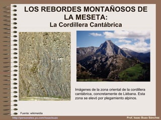 LOS REBORDES MONTAÑOSOS DE LA MESETA: La Cordillera Cantábrica Imágenes de la zona oriental de la cordillera cantábrica, concretamente de Liébana. Esta zona se elevó por plegamiento alpinos. Fuente: wikimeidia Prof. Isaac Buzo Sánchez 