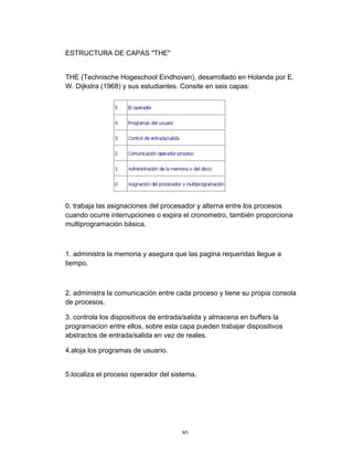30	
ESTRUCTURA DE CAPAS "THE"
THE (Technische Hogeschool Eindhoven), desarrollado en Holanda por E.
W. Dijkstra (1968) y sus estudiantes. Consite en seis capas:
0. trabaja las asignaciones del procesador y alterna entre los procesos
cuando ocurre interrupciones o expira el cronometro, también proporciona
multiprogramación básica.
1. administra la memoria y asegura que las pagina requeridas llegue a
tiempo.
2. administra la comunicación entre cada proceso y tiene su propia consola
de procesos.
3. controla los dispositivos de entrada/salida y almacena en buffers la
programacion entre ellos, sobre esta capa pueden trabajar dispositivos
abstractos de entrada/salida en vez de reales.
4.aloja los programas de usuario.
5.localiza el proceso operador del sistema.
 