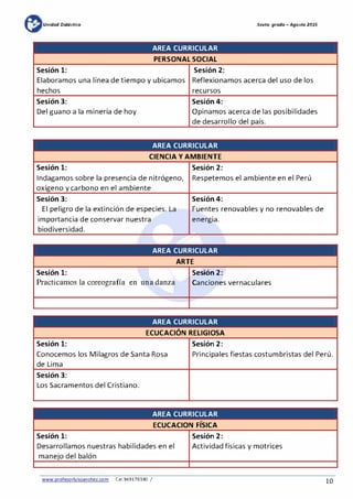 mUnidad Didáctica Sexta grada -Agosta 2015
AREA CURRICULAR
PERSONAL SOCIAL
Sesión 1: Sesión 2:
Elaboramos una línea de tiempo y ubicamos Reflexionamos acerca del uso de los
hechos recursos
Sesión 3: Sesión 4:
Del guano a la minería de hoy Opinamos acerca de las posibilidades
de desarrollo del país.
AREA CURRICULAR
CIENCIA Y AMBIENTE
Sesión 1: Sesión 2:
Indagamos sobre la presencia de nitrógeno, Respetemos el ambiente en el Perú
oxígeno y carbono en el ambiente
Sesión 3: Sesión 4:
El peligro de la extinción de especies. La Fuentes renovables y no renovables de
importancia de conservar nuestra
'
energ1a.
biodiversidad.
AREA CURRICULAR
ARTE
Sesión 1: Sesión 2:
Practicamos la coreografía en una danza Canciones vernaculares
AREA CURRICULAR
ECUCACIÓN RELIGIOSA
Sesión 1: Sesión 2:
Conocemos los Milagros de Santa Rosa Principales fiestas costumbristas del Perú.
de Lima
Sesión 3:
Los Sacramentos del Cristiano.
AREA CURRICULAR
,
ECUCACION FISICA
Sesión 1: Sesión 2:
Desarrollamos nuestras habilidades en el Actividad físicas y motrices
manejo del balón
www.profesorluissanchez.com Cel.949176380 / 10
 
